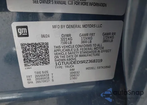 2024 GMC Sierra 1500 4Wd Short Box Slt z USA, uszkodzony, nr VIN 1GTUUDED5RZ368319
